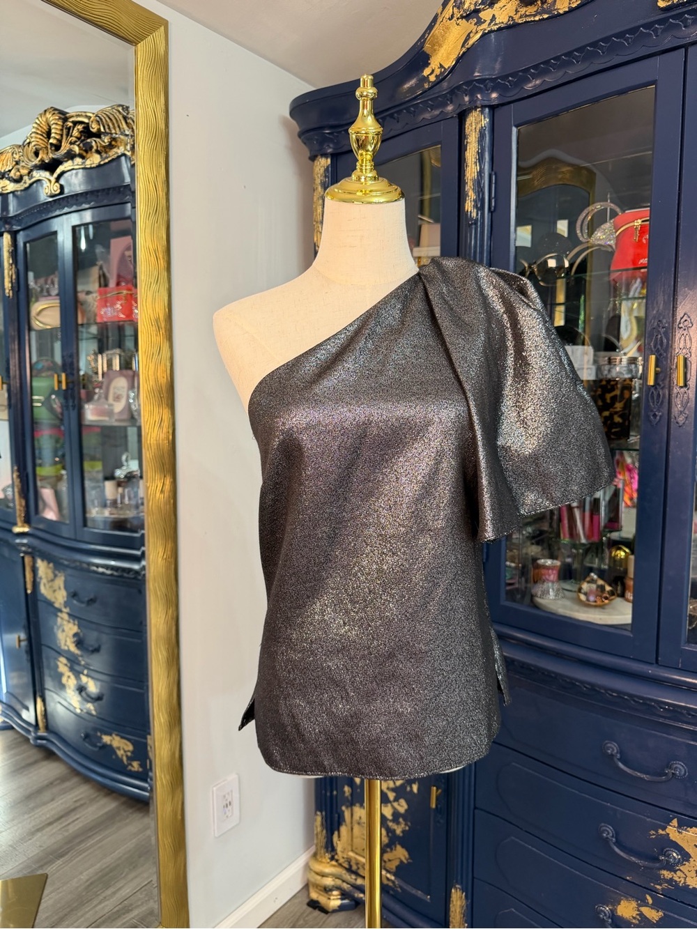 Zara Metallic Silver One-Shoulder Asymmetric Statement Top Size XS